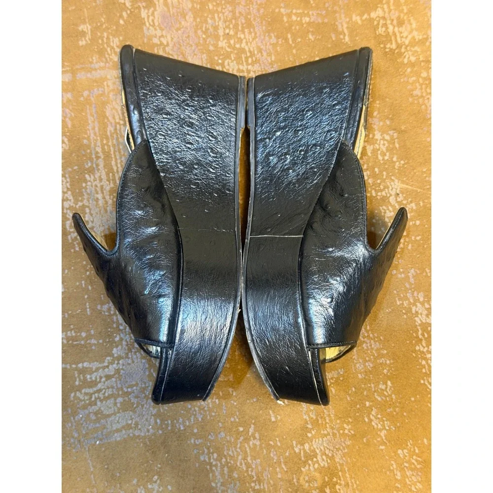 Prada Black Ostrich Embossed Leather Platform Wedge Mules Sandals 39 109-2